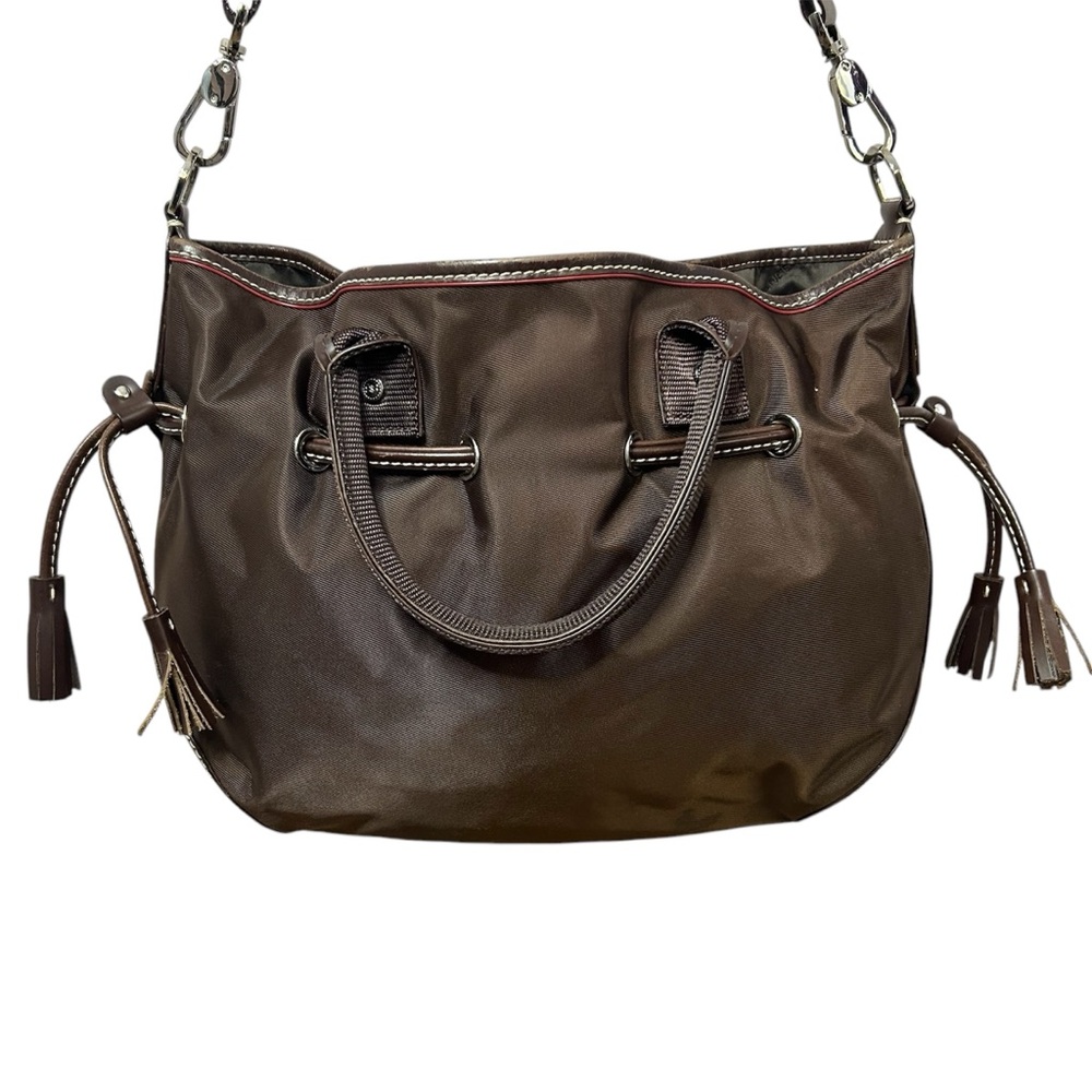 LANCEL PARIS 1876 handbag, nylon leather trim brown with shoulder strap - Picture 6 of 17